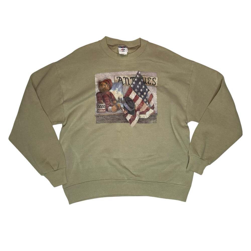 Vintage Jerzees Antiques Teddy Bear American Flag Sweatshirt Mens Large